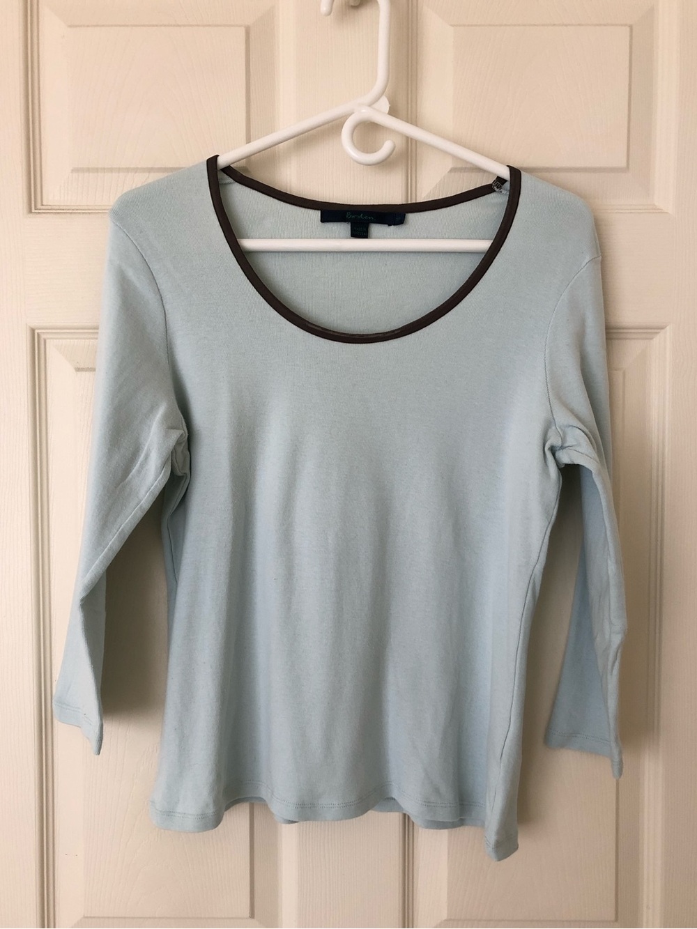 Boden 3/4 Sleeve Cotton Knit Shirt Pale Blue with Brown Trim Size UK16/US12